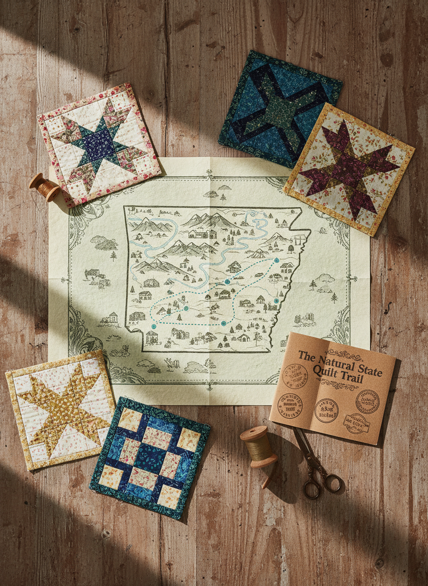 An elegant flat lay of a detailed Arkansas quilt shop hop map spread across a softly worn wooden table, the route highlighted with a subtle dotted line weaving through stylized outlines of mountains, rivers, and small towns. Around the map, neatly arranged quilt blocks in rich batiks and soft florals showcase different patterns from local shops, alongside inked passport-style stamps on a small kraft paper booklet titled “The Natural State Quilt Trail.” Soft morning window light washes in from the left, creating gentle shadows and a calm, sophisticated atmosphere. Shot from a directly overhead, bird’s-eye perspective with sharp focus throughout, photographic realism, and a refined, editorial aesthetic suitable for a homepage hero image.