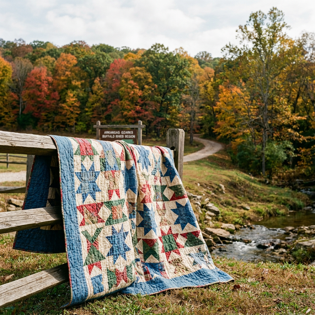 Colorful quilt on fence beside a stream; sign reads “ARKANSAS OZARKS BUFFALO RIVER REGION.”