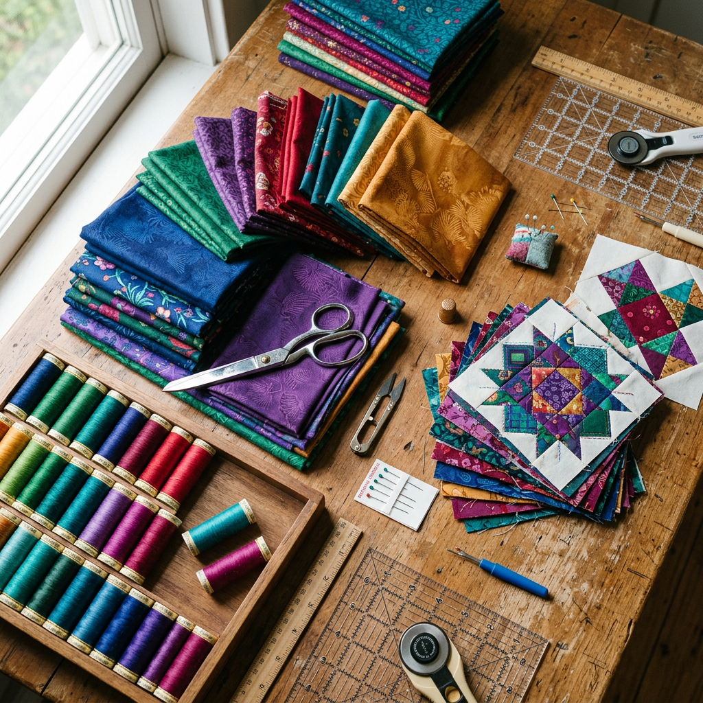 Colorful quilting fabrics, thread spools, patchwork squares, scissors, and rotary cutters