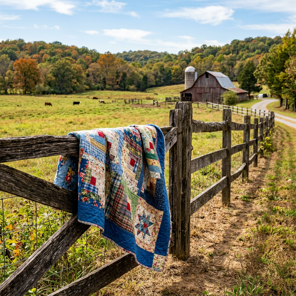 Colorful patchwork quilt draped over a fence near a barn
