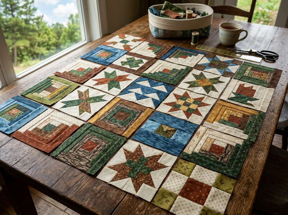 Assorted handcrafted quilt blocks arranged on a wooden sewing table