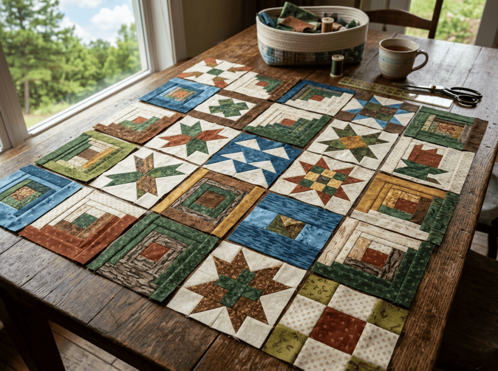 Assorted handcrafted quilt blocks arranged on a wooden sewing table