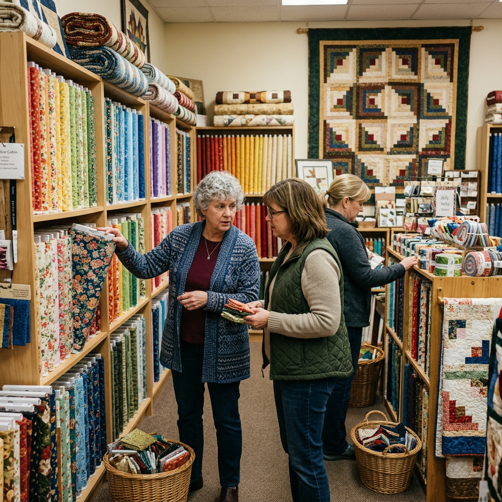 Three shoppers browse colorful fabrics and quilts in a fabric shop