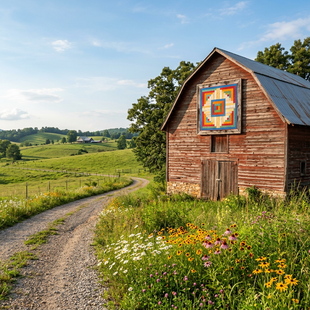 Weathered barn with colorful quilt panel beside flower-lined country lane