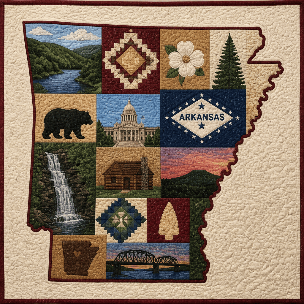 Arkansas-shaped quilt featuring landscapes, landmarks, wildlife, and the word ARKANSAS