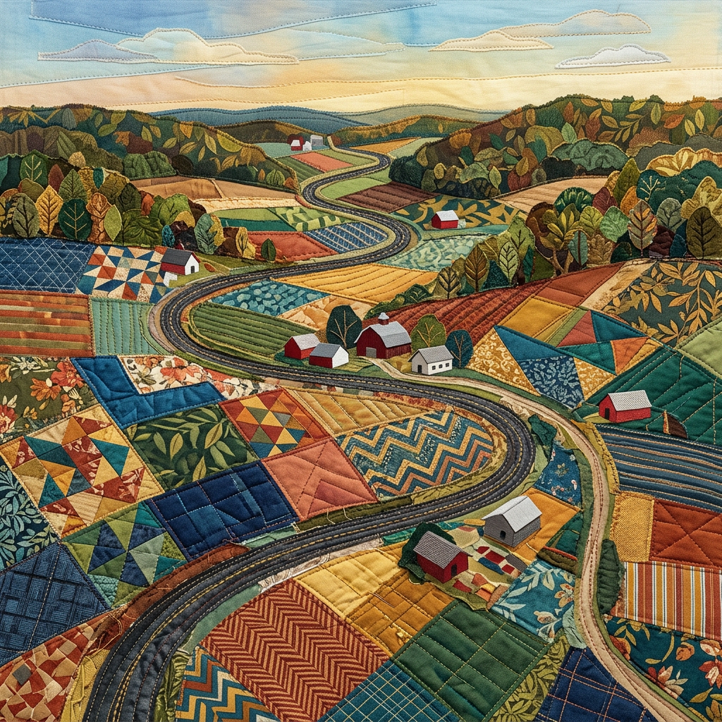 Quilted landscape of farms, winding roads, forests, and small houses