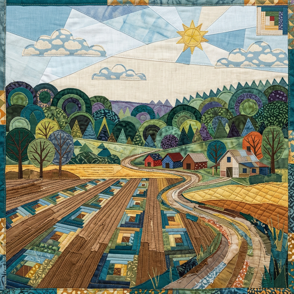Quilted countryside landscape with fields, cottages, trees, winding roads, and sun